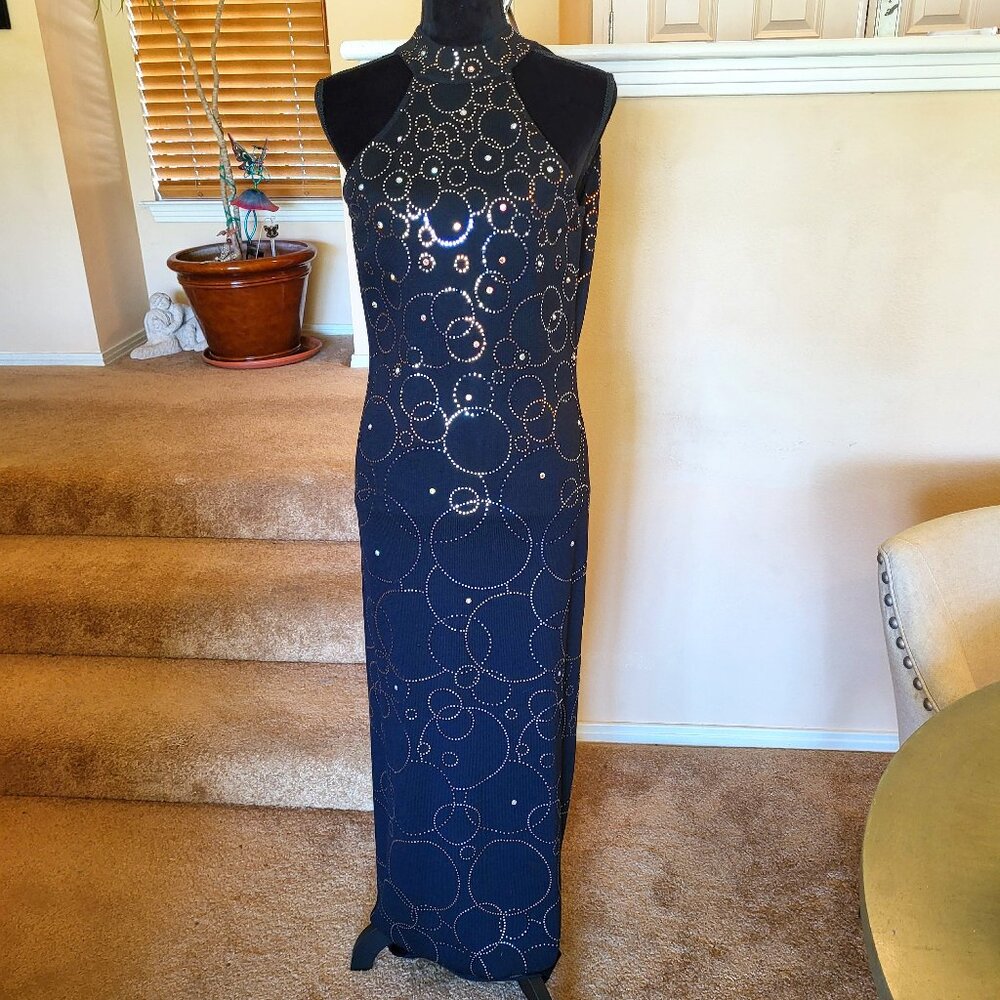 St John Black Knit Long Grown w/Silver, Gold, Rhinestone - Halter Neck - Size 4